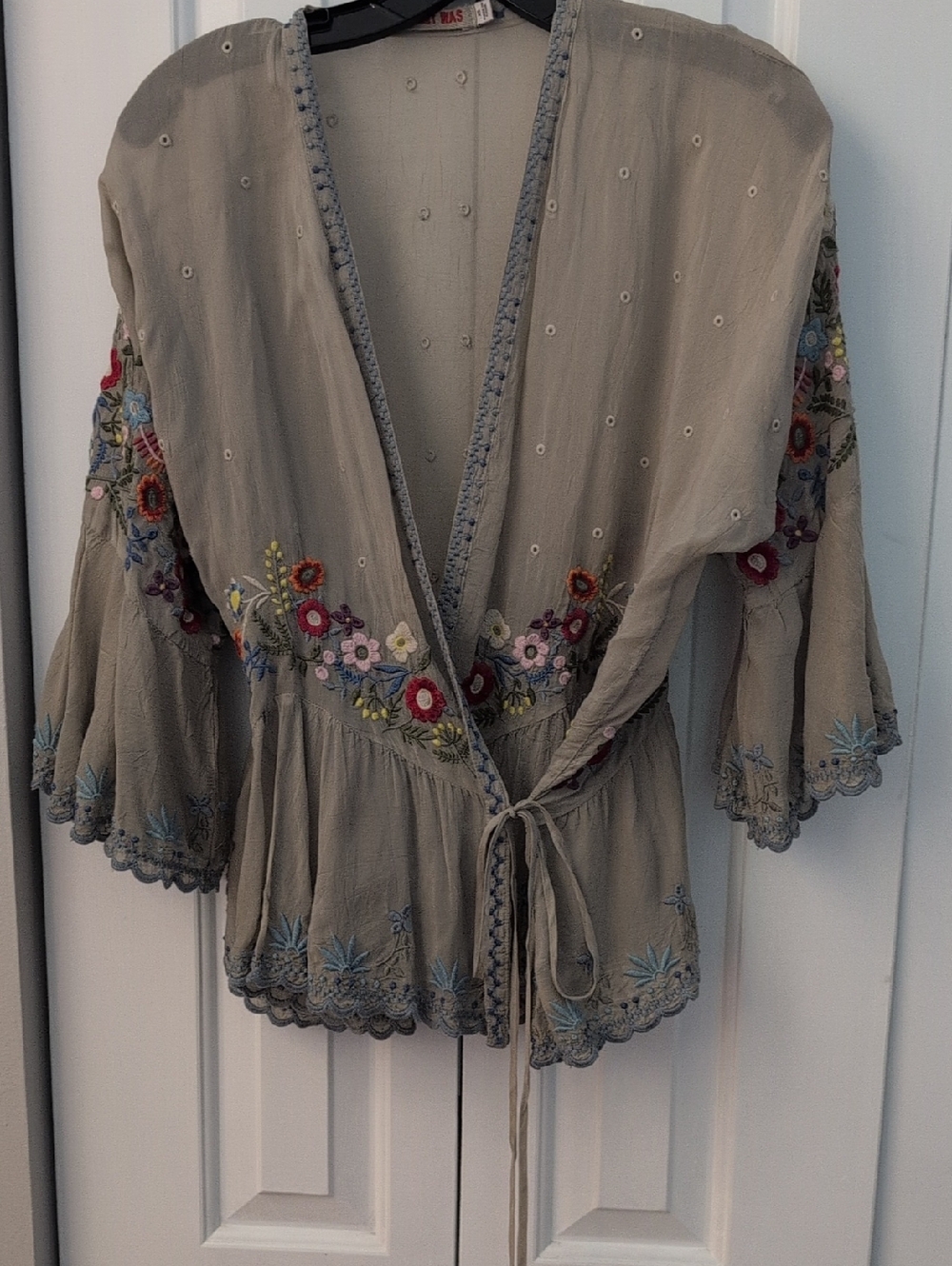 Johnny Was Taupe Embroidered Tie-Front Tunic with Multicolor Florals